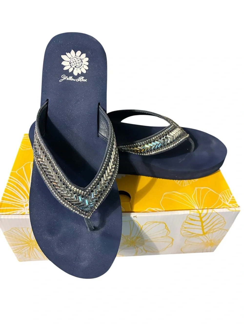 Yellow Box Skyllah Navy Blue Beaded Wedge Sandals Size 9 WORN ONCE - Picture 2 of 9